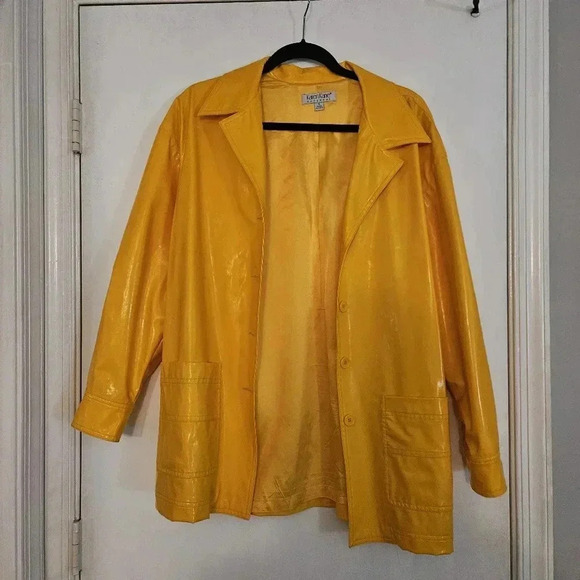 Vintage 90s Karen Kane Yellow Vinyl Rain Coat Size Small - Picture 3 of 6